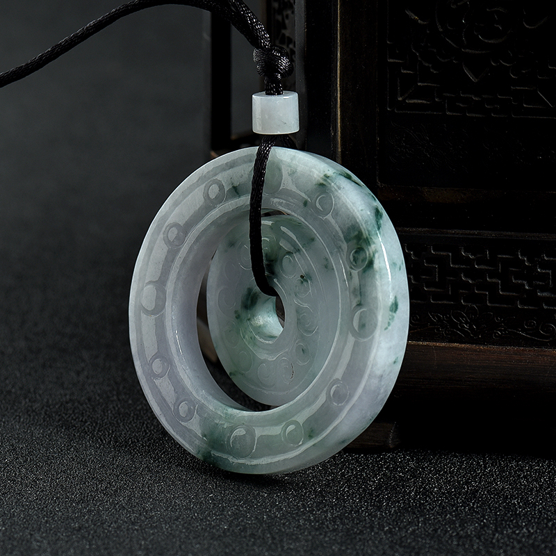 缅甸豆种飘花翡翠子母平安扣吊坠-红掌柜