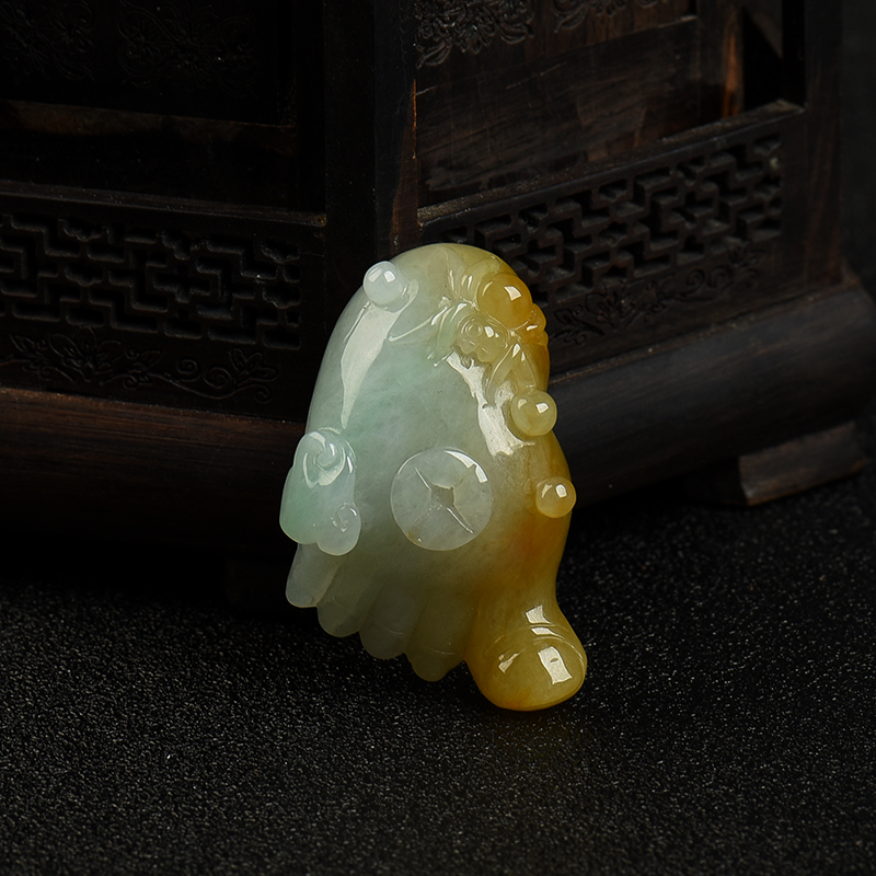 缅甸天然豆种俏色翡翠知足常乐吊坠-红掌柜