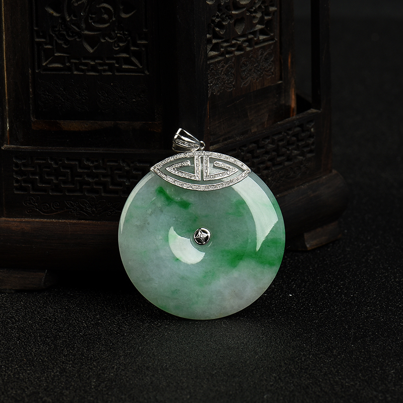 缅甸天然豆种飘翠翡翠平安扣吊坠-红掌柜