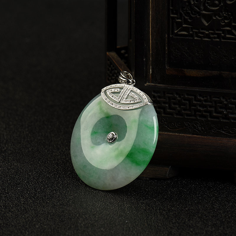 缅甸豆种飘翠翡翠平安扣吊坠-红掌柜