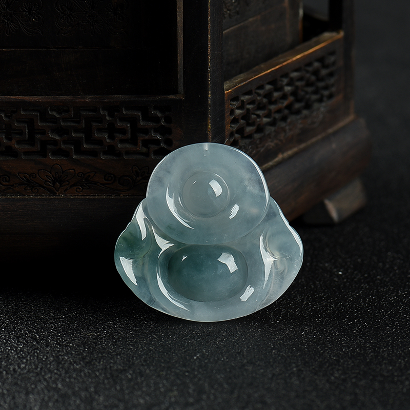 缅甸糯冰种飘花翡翠弥勒佛吊坠-红掌柜