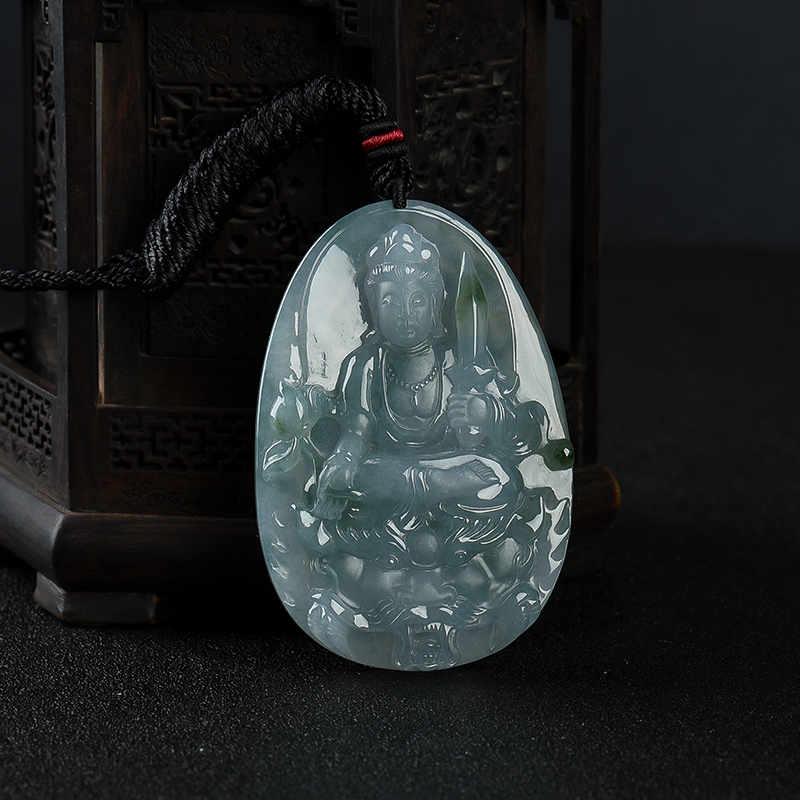 糯冰种飘花翡翠文殊菩萨吊坠-红掌柜
