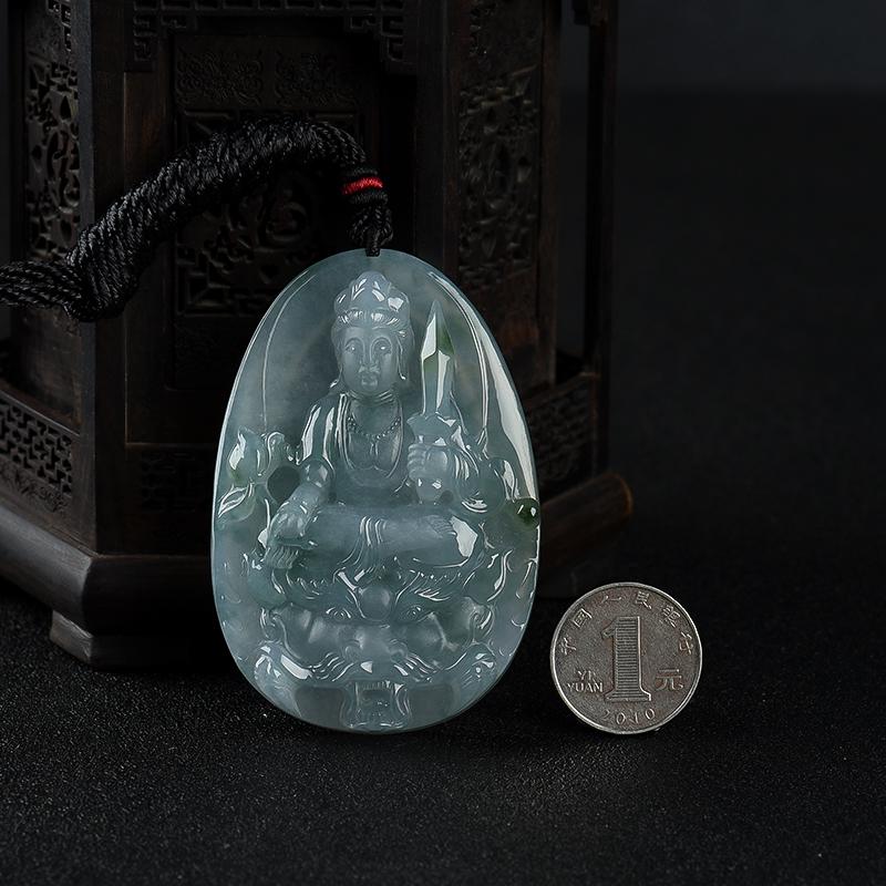 缅甸糯冰种飘花翡翠文殊菩萨吊坠-红掌柜