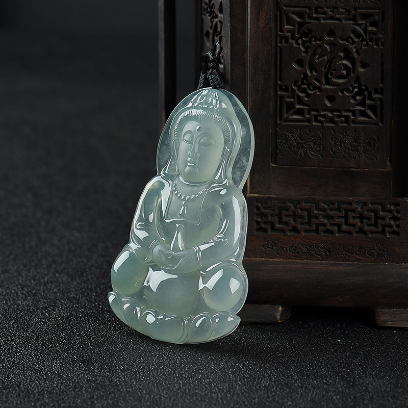 缅甸糯冰种浅绿翡翠观音吊坠-红掌柜