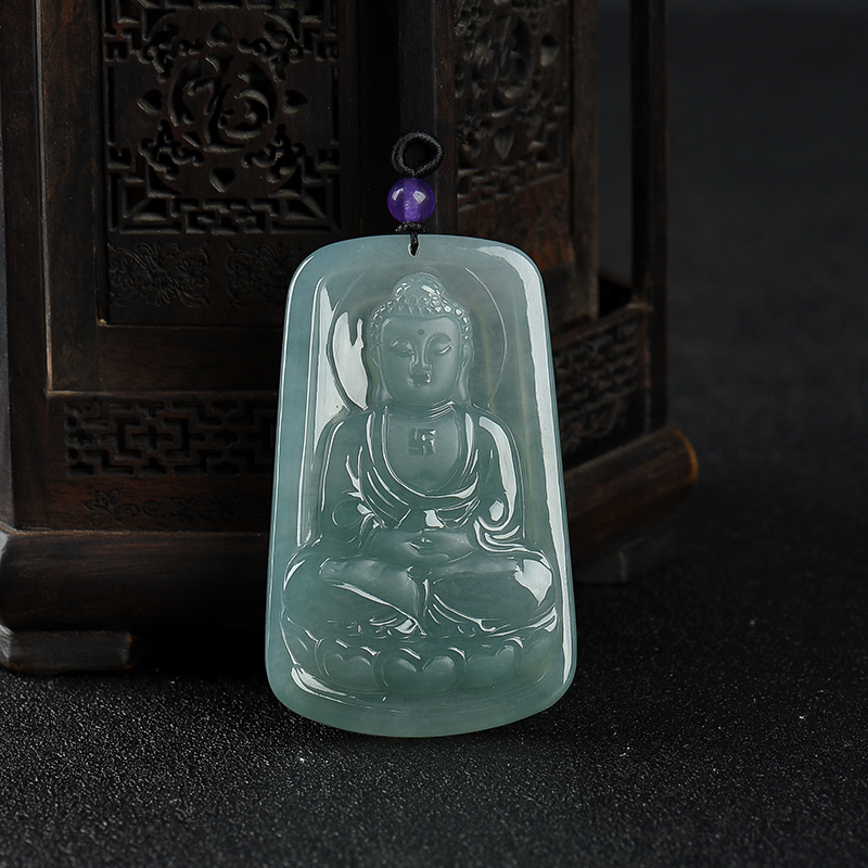 糯冰种灰绿翡翠大日如来吊坠-红掌柜