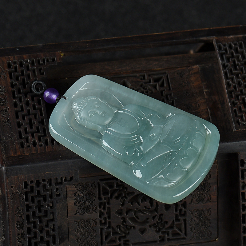 天然A货糯冰种灰绿翡翠大日如来吊坠-红掌柜