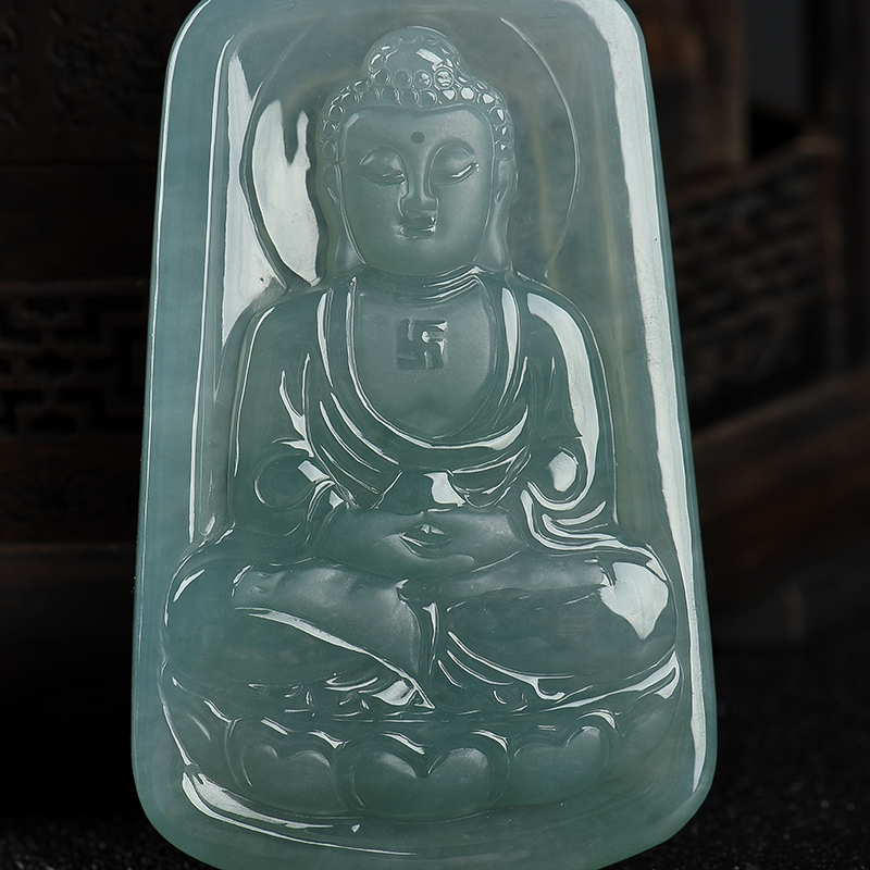 缅甸糯冰种灰绿翡翠大日如来吊坠-红掌柜