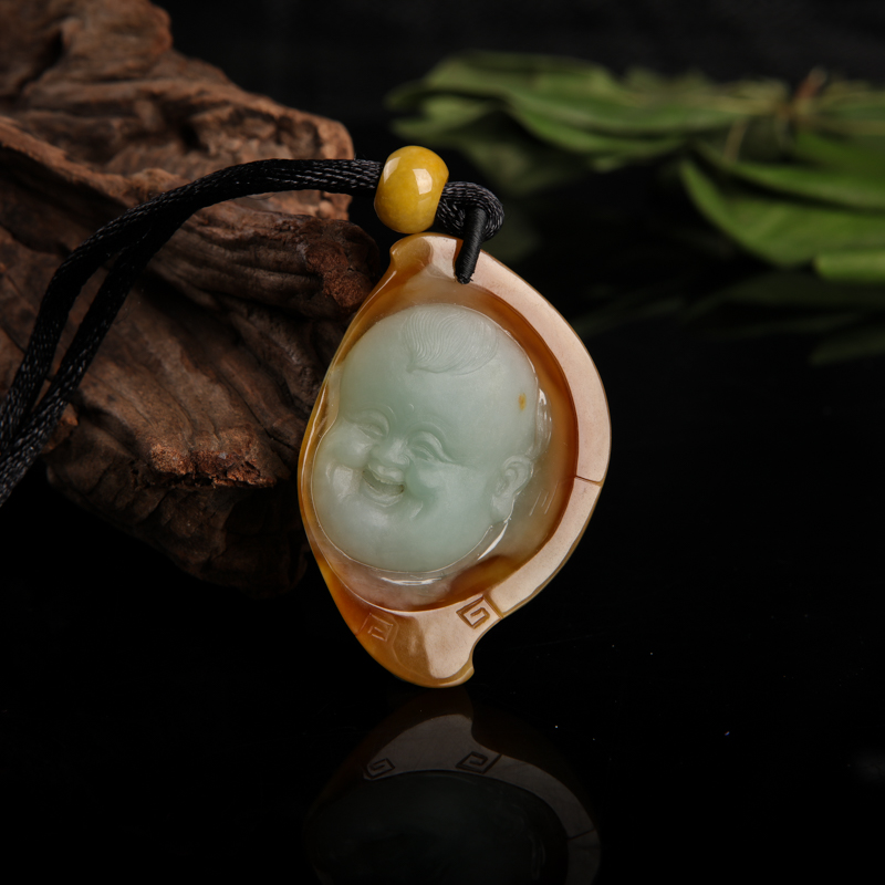 糯种俏色翡翠童子吊坠-红掌柜