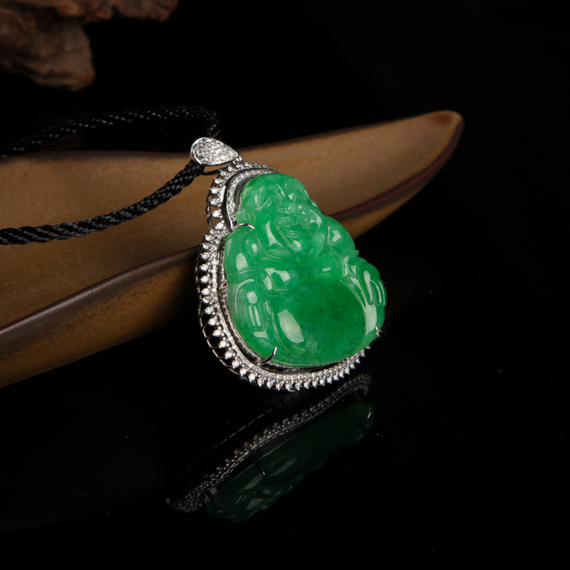 天然豆种翠绿翡翠弥勒佛吊坠-红掌柜