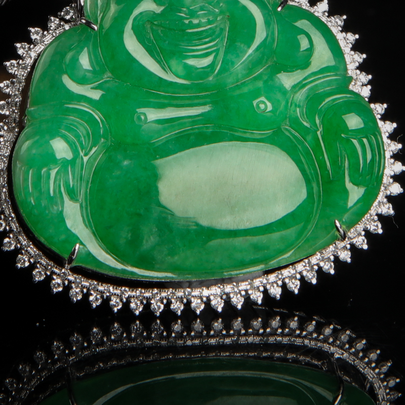 18k天然豆种翡翠弥勒佛吊坠-红掌柜