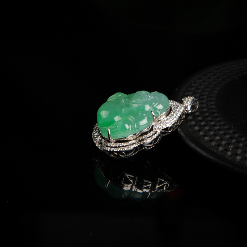 18k天然糯冰种飘翠翡翠弥勒佛吊坠-红掌柜