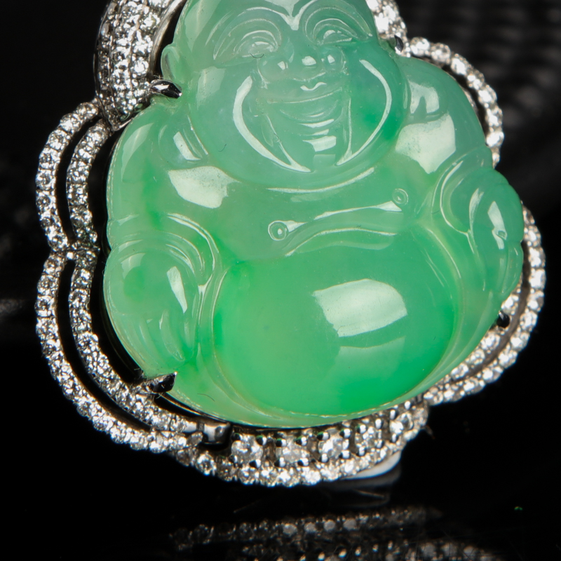 18k缅甸天然飘翠翡翠弥勒佛吊坠-红掌柜