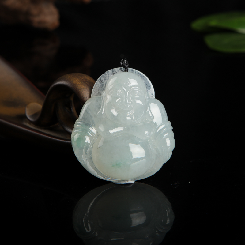 缅甸天然糯种飘花翡翠弥勒佛吊坠-红掌柜
