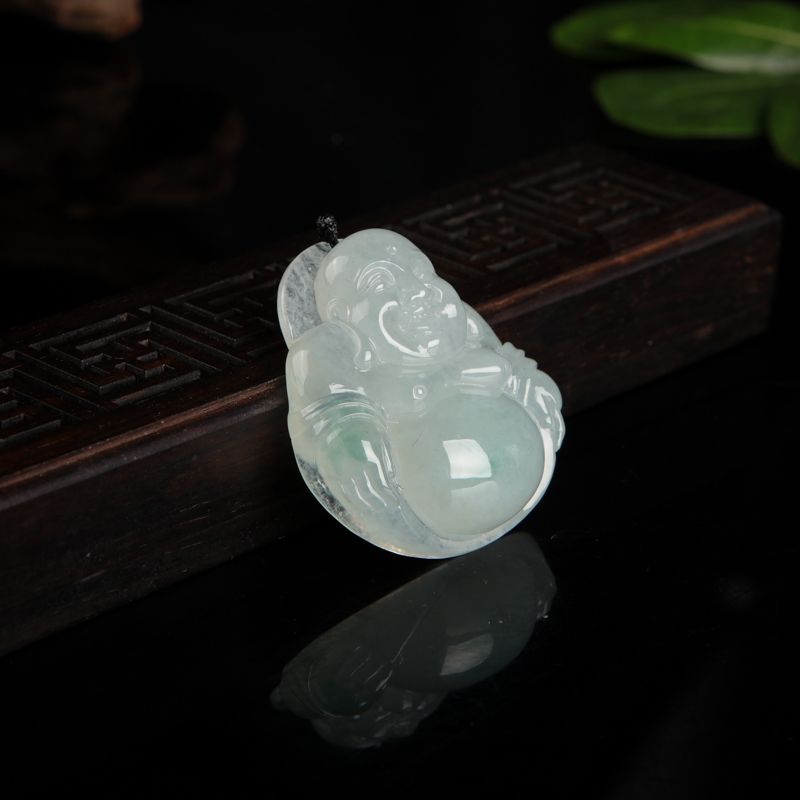 天然糯种飘花翡翠弥勒佛吊坠-红掌柜