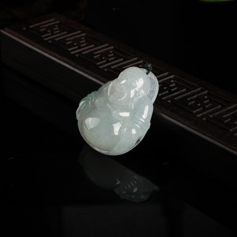 缅甸糯种飘花翡翠弥勒佛吊坠-红掌柜