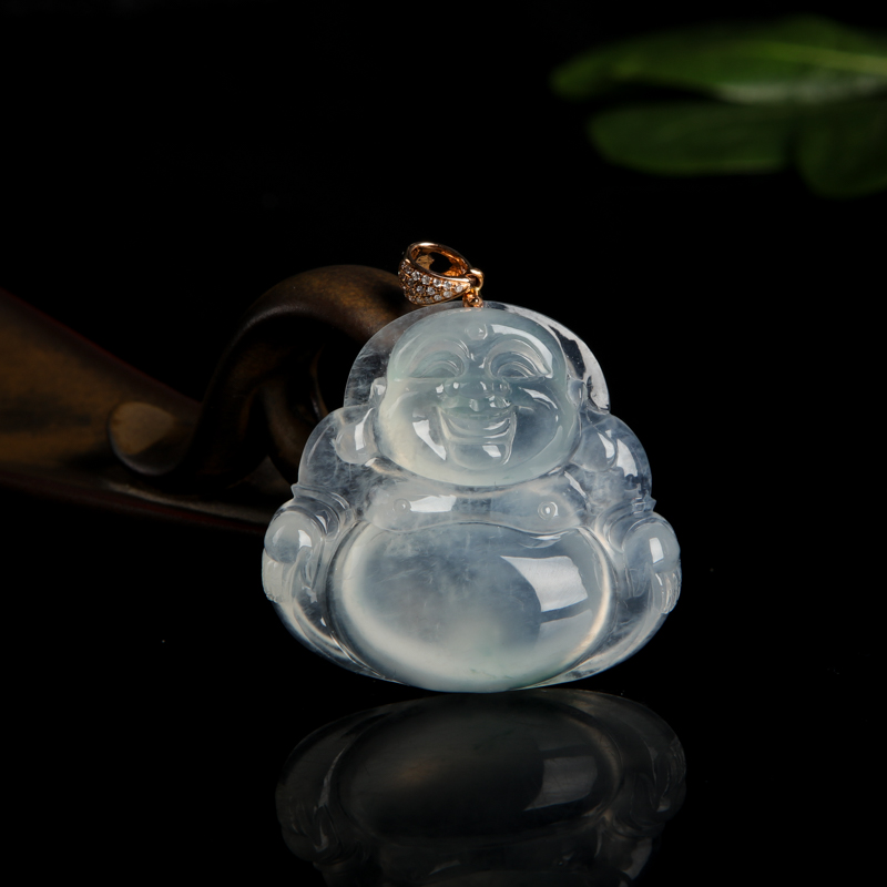 缅甸天然冰种飘花翡翠弥勒佛吊坠-红掌柜