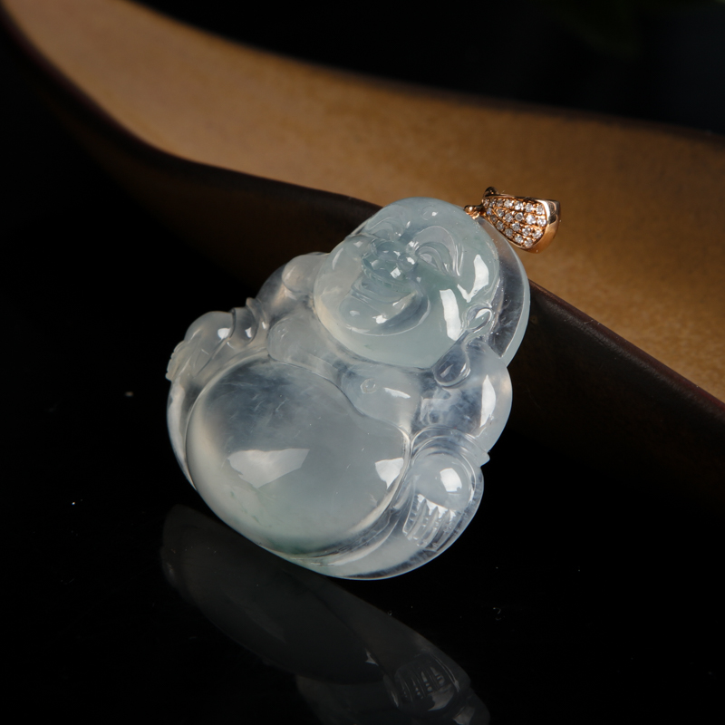 缅甸冰种飘花翡翠弥勒佛吊坠-红掌柜