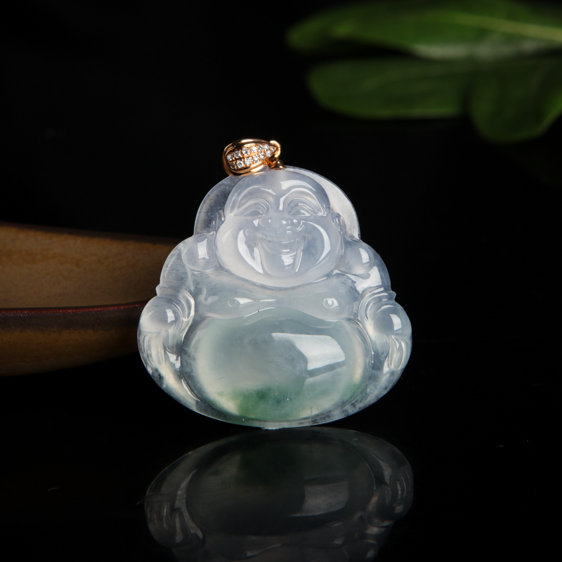 缅甸天然糯冰种飘花翡翠弥勒佛吊坠-红掌柜