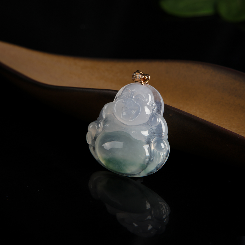 缅甸糯冰种飘花翡翠弥勒佛吊坠-红掌柜