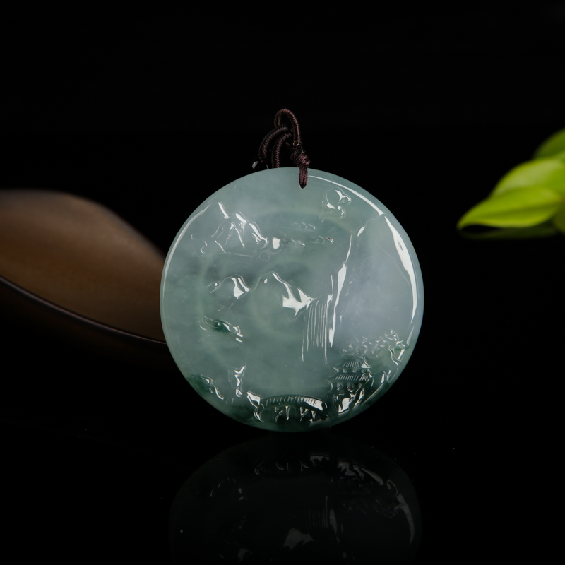 糯冰种飘花翡翠山水吊坠-红掌柜