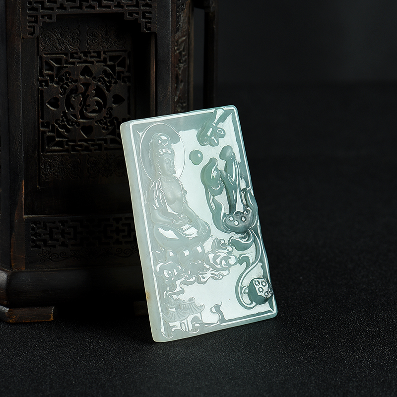 天然糯冰种飘花翡翠观音吊坠-红掌柜