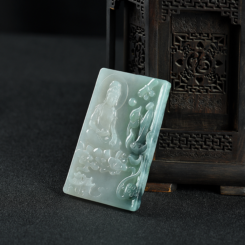 缅甸糯冰种飘花翡翠观音吊坠-红掌柜