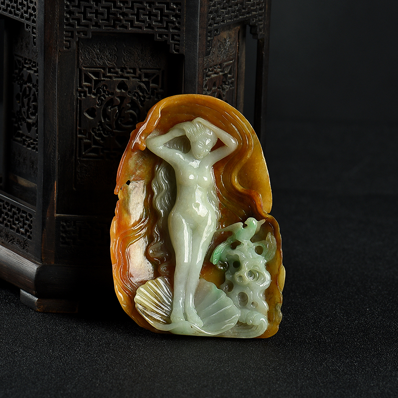 糯种俏色翡翠美人摆件-红掌柜