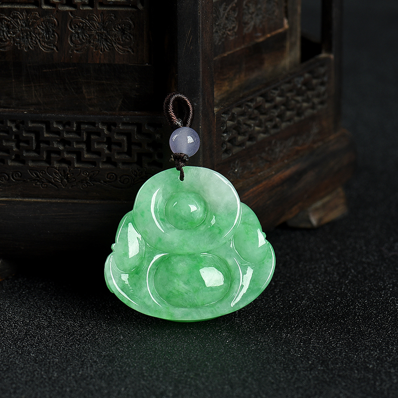 天然豆种翡翠弥勒佛吊坠-红掌柜