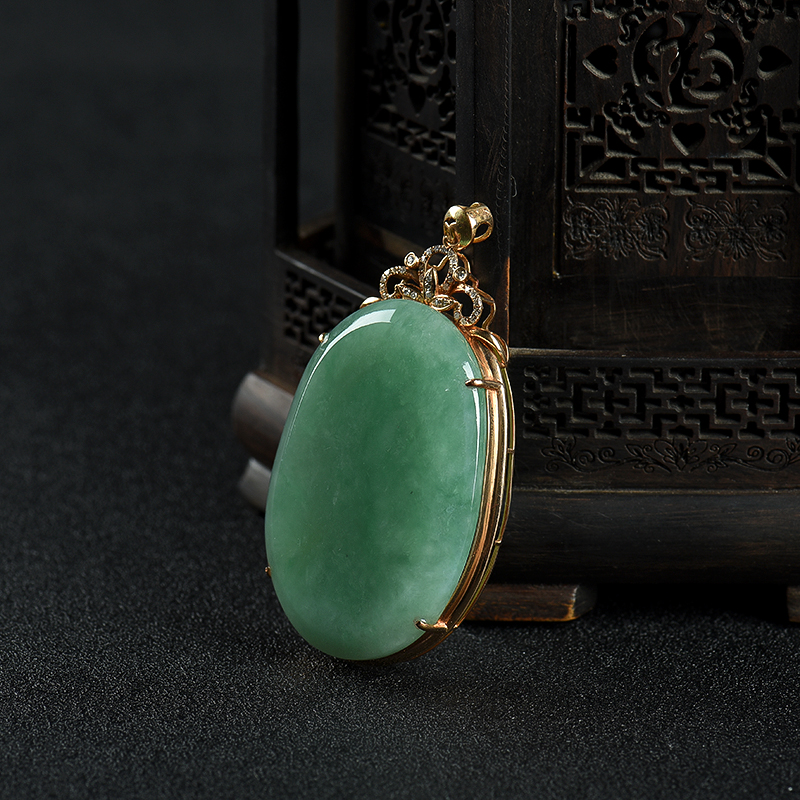 18k糯种翡翠无事牌吊坠-红掌柜