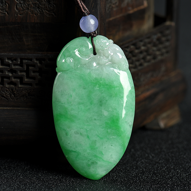 天然豆种翡翠福寿如意吊坠-红掌柜