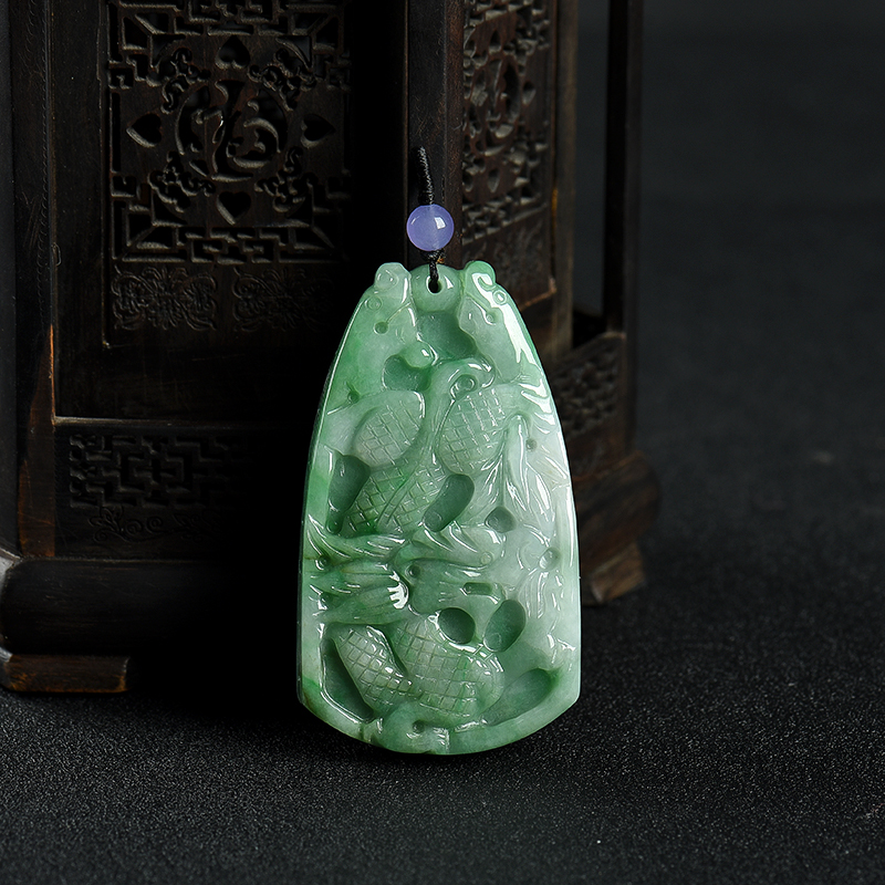 糯种深绿翡翠龙凤呈祥吊坠-红掌柜