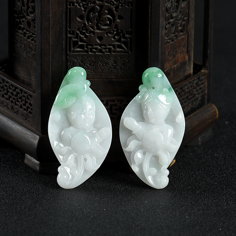糯种飘翠翡翠金童玉女吊坠-红掌柜