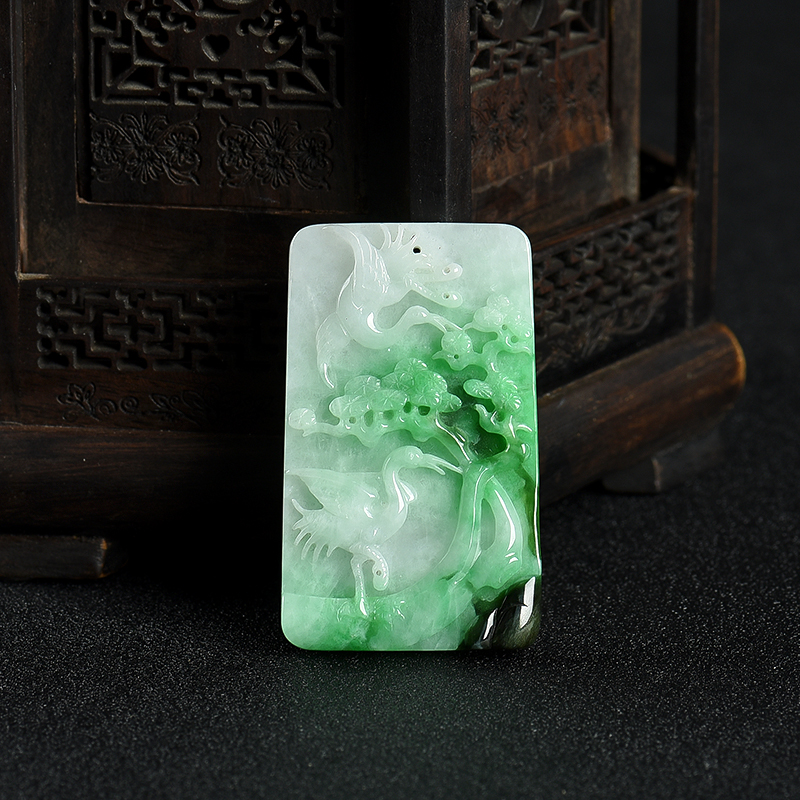 豆种飘翠翡翠松鹤延年吊坠-红掌柜