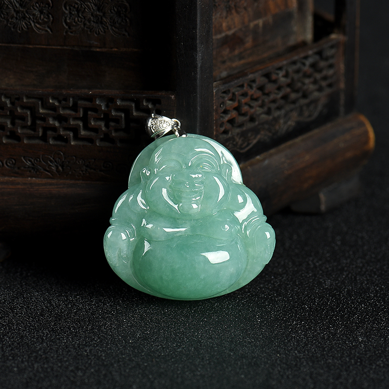 豆种浅绿翡翠弥勒佛吊坠-红掌柜