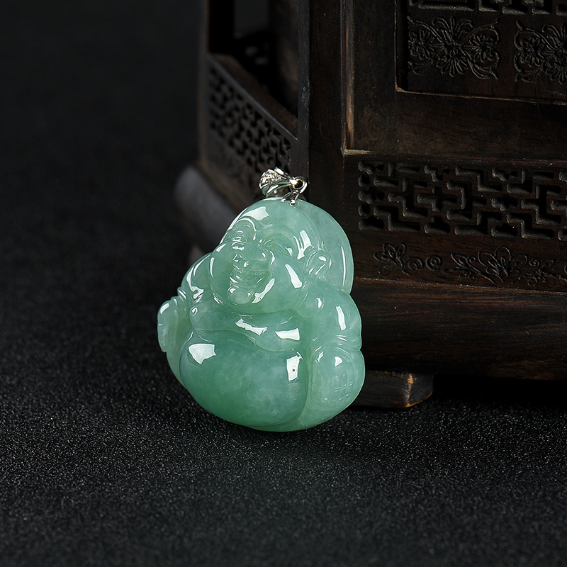 豆种翡翠弥勒佛吊坠-红掌柜