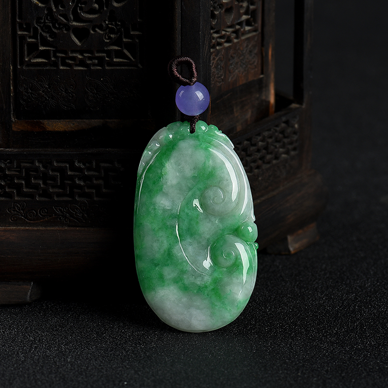 缅甸天然豆种飘翠翡翠如意吊坠-红掌柜
