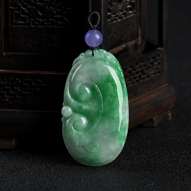 缅甸天然豆种飘翠翡翠如意吊坠-红掌柜