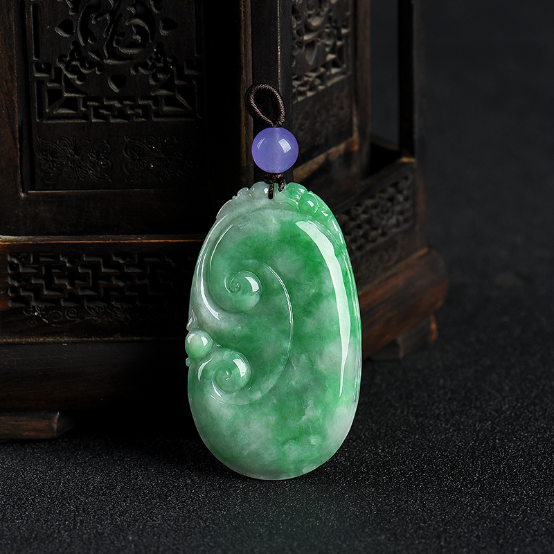 缅甸天然豆种飘翠翡翠如意吊坠-红掌柜