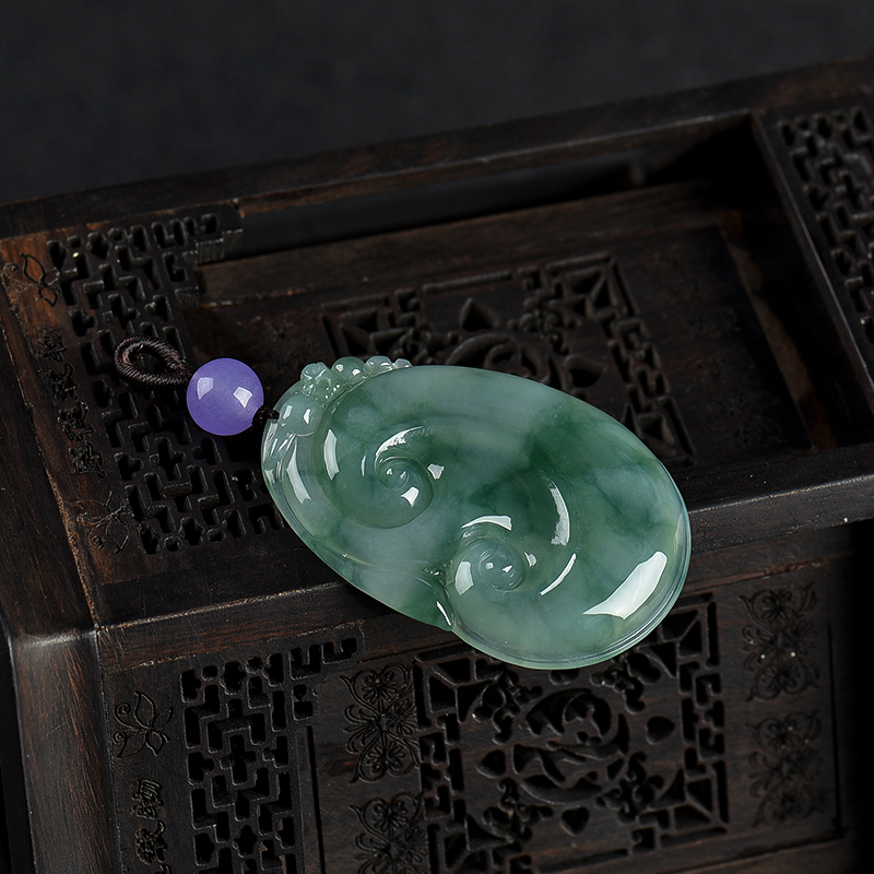缅甸天然糯冰种翡翠如意吊坠-红掌柜
