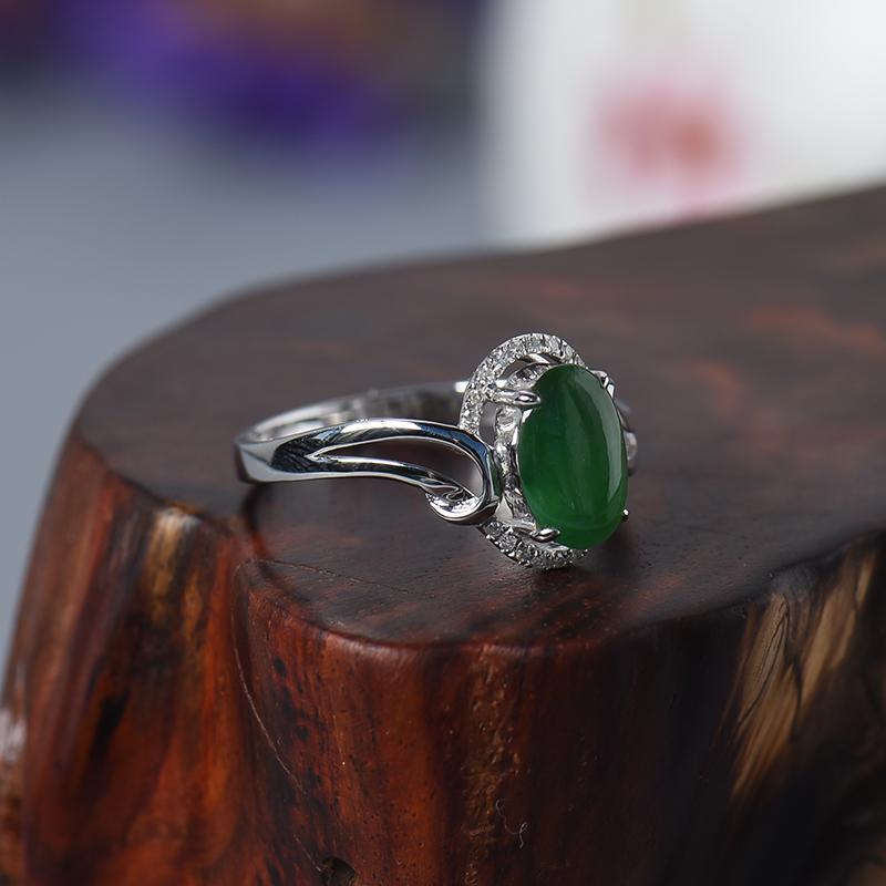 天然18K金镶糯种绿色翡翠戒指 - 红掌柜