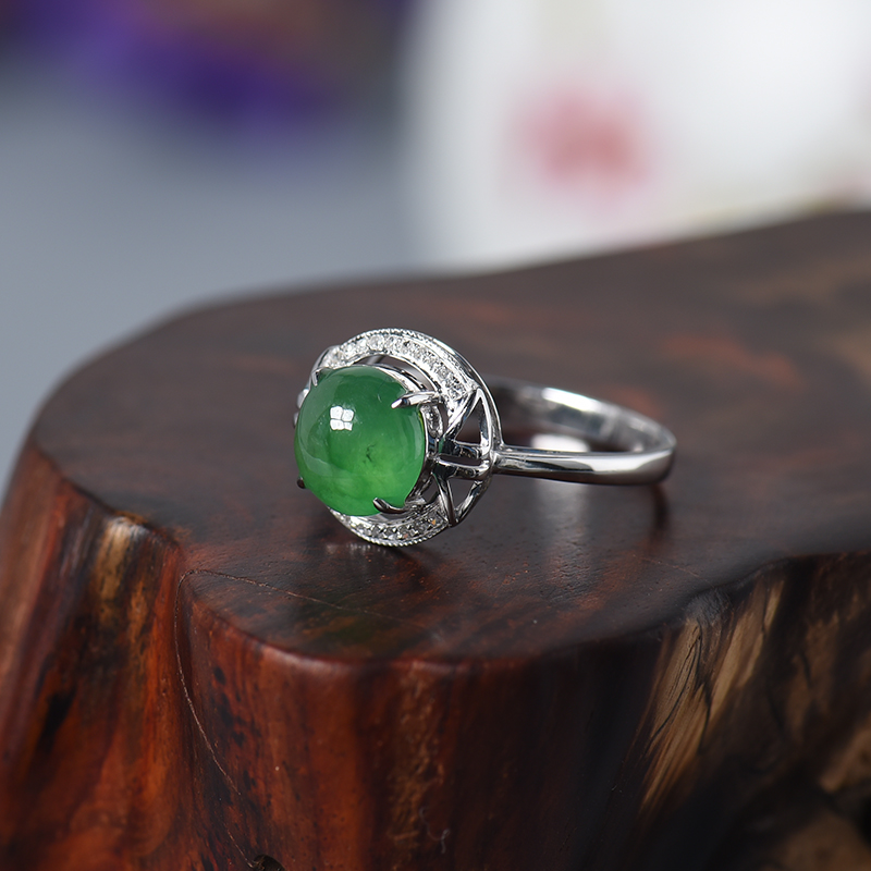 A货天然18K金镶糯种绿色翡翠戒指 - 红掌柜