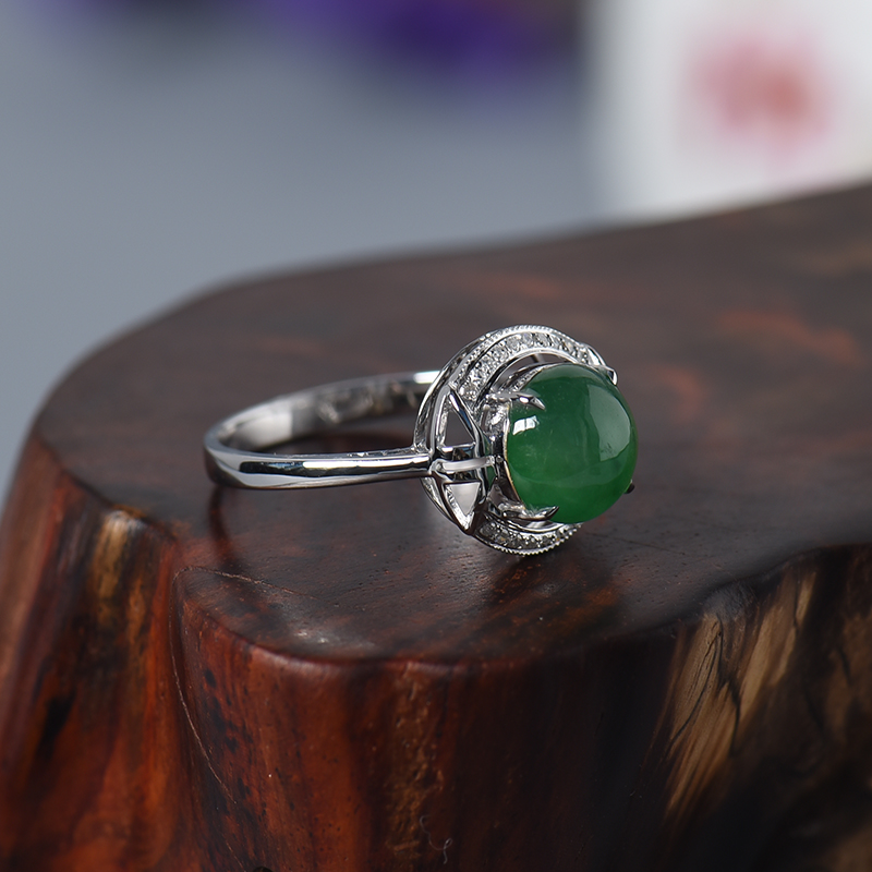 天然18K金镶糯种绿色翡翠戒指 - 红掌柜