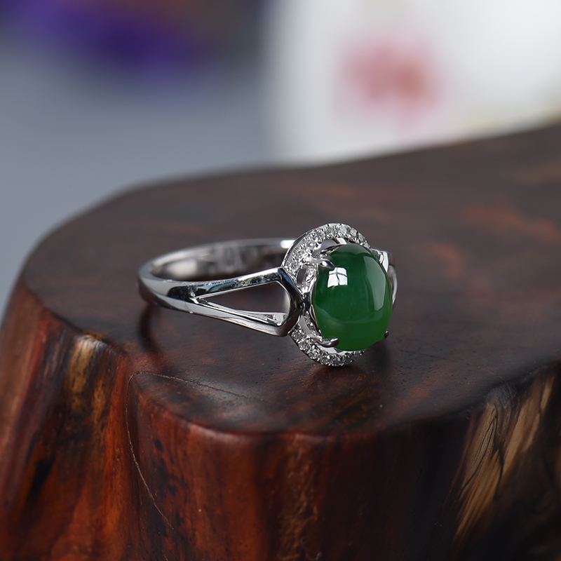 天然18K金镶糯种绿色翡翠戒指 - 红掌柜