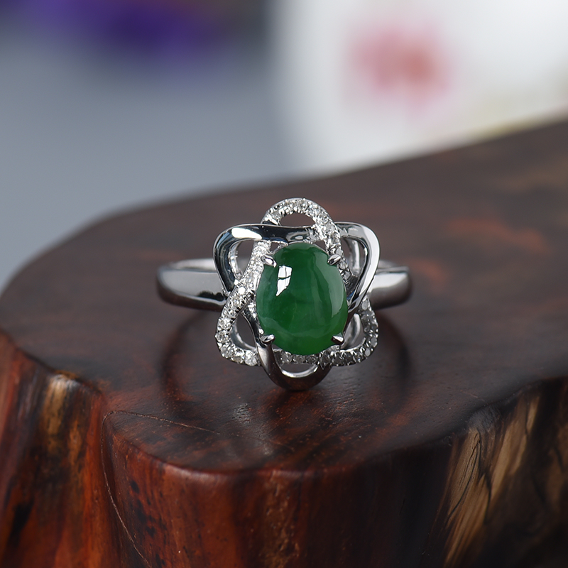 缅甸A货天然18K金镶糯种绿色翡翠戒指 - 红掌柜