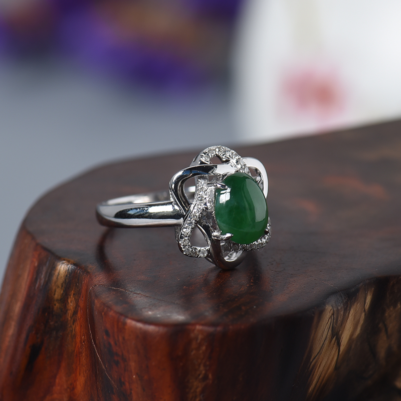 天然18K金镶糯种绿色翡翠戒指 - 红掌柜