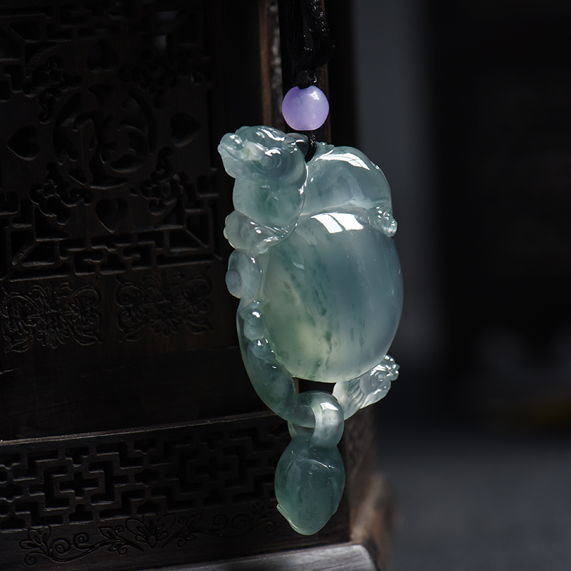 缅甸冰糯种飘蓝花翡翠貔貅挂件 - 红掌柜