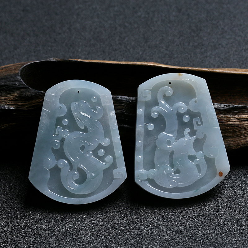 缅甸A货天然糯种翡翠龙凤牌挂件 - 红掌柜