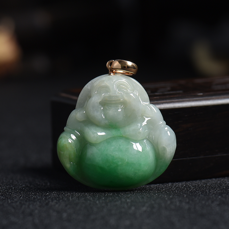 缅甸天然18K金镶豆种飘花翡翠佛挂件 - 红掌柜