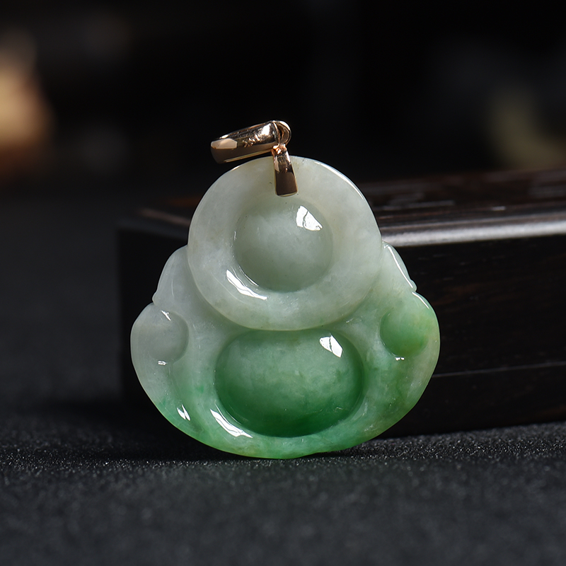 缅甸18K金镶豆种飘花翡翠佛挂件 - 红掌柜