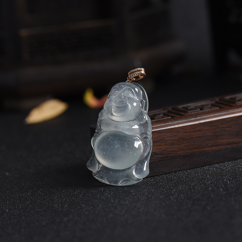 天然18K镶钻玻璃种无色翡翠弥勒佛吊坠 - 红掌柜